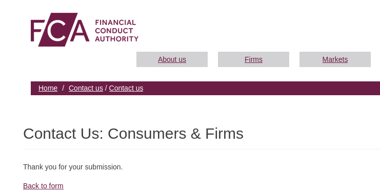 a screenshot of the FCA website after sending a report