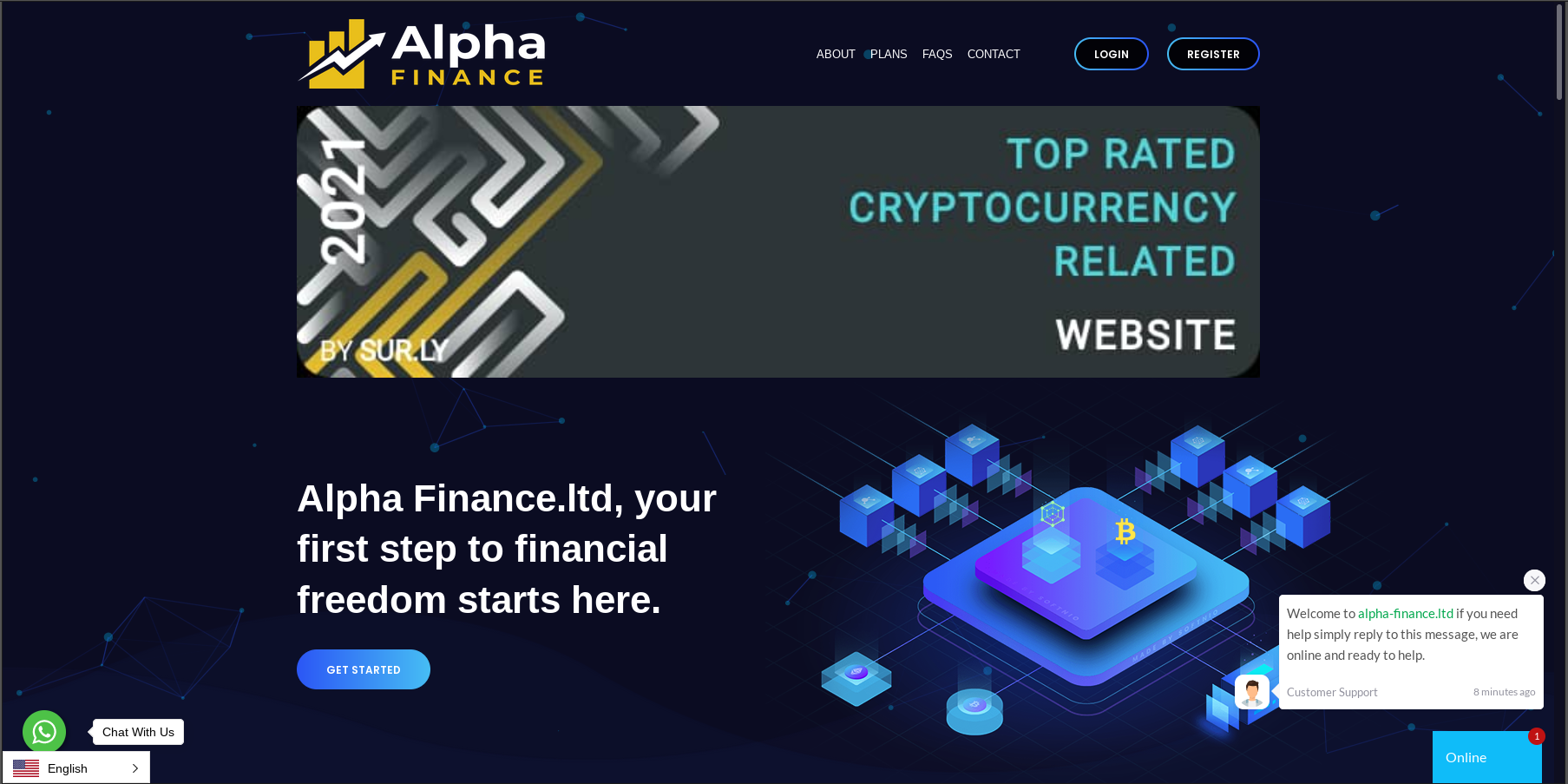 The Homepage of 'Alpha Finance', showing a clearly fake award banner