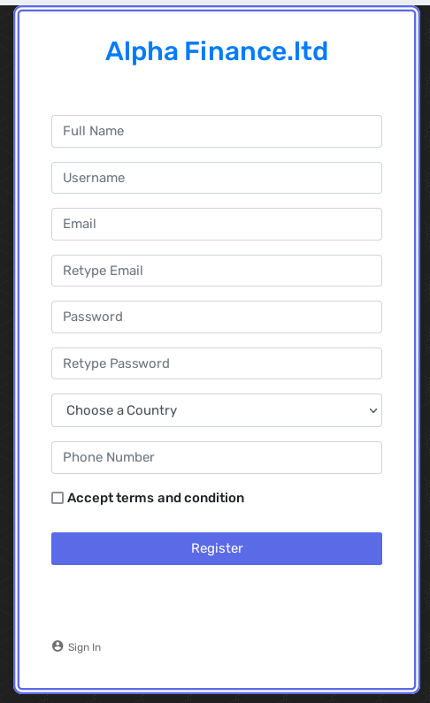 sign up form with a 'Terms and Condition' checkbox.
